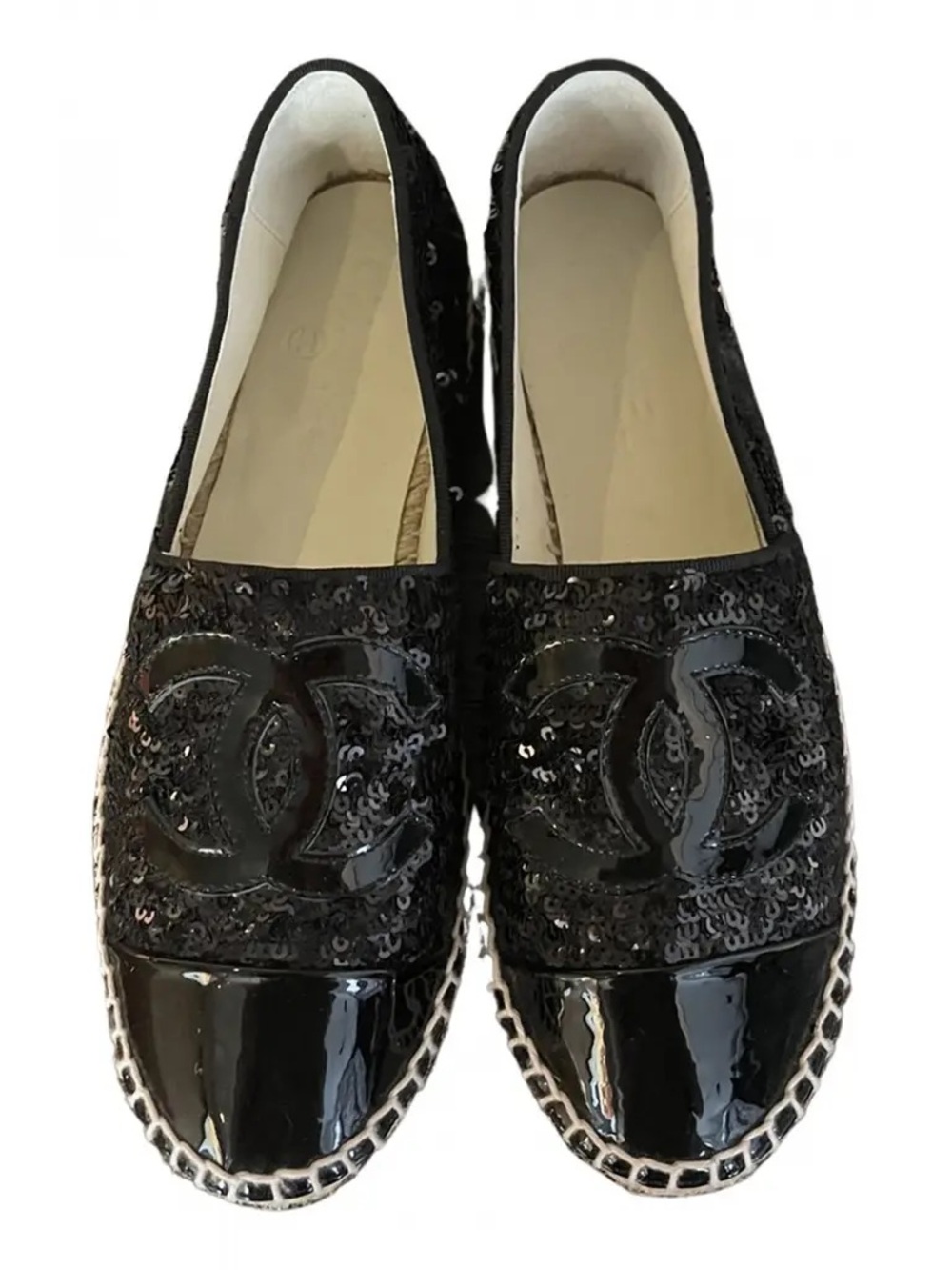 CHANEL Black Sequin & Patent Cap-Toe Espadrilles
